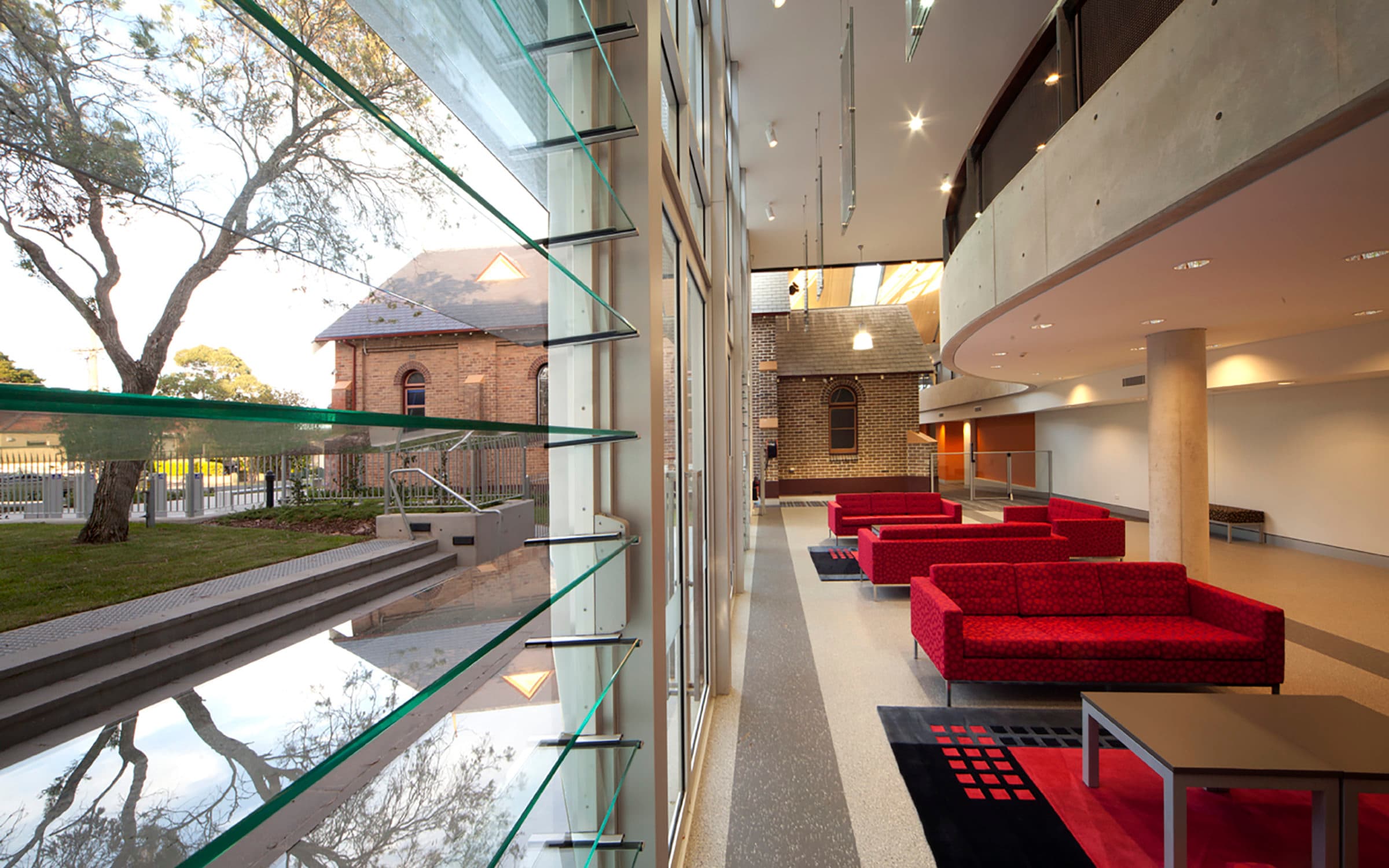 A modern foyer adjoining the heritage chapel
